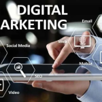 Ilustrasi strategi digital marketing dengan berbagai ikon (SEO, media sosial, email, dsb.)