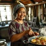 Nenek memasak nasi goreng kampung di dapur tradisional, melestarikan resep warisan keluarga yang penuh makna