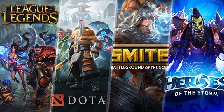 "Kolase beberapa game MOBA populer, termasuk League of Legends, Dota 2, Smite, dan Heroes of the Storm, menampilkan karakter ikonik dari masing-masing game