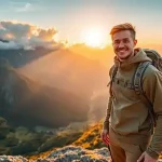 Pendaki menikmati liburan ekstrem di puncak gunung saat matahari terbenam, dengan ransel di punggung dan pemandangan pegunungan yang indah
