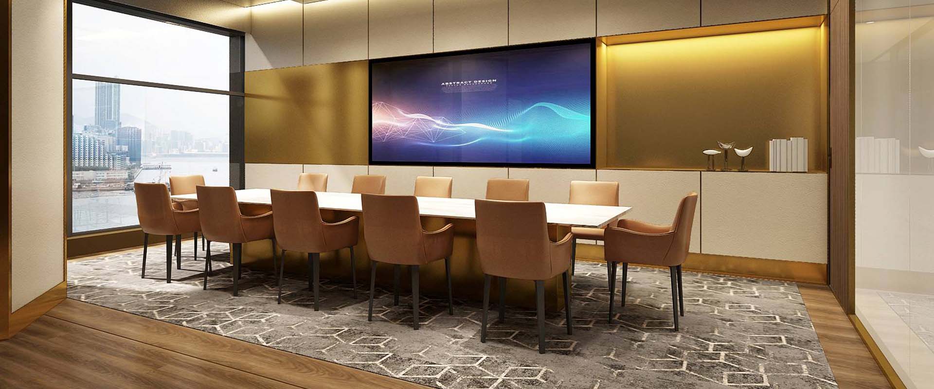 Ruang meeting hotel modern dengan meja panjang, kursi ergonomis, proyektor, dan whiteboard untuk pertemuan bisnis profesional.