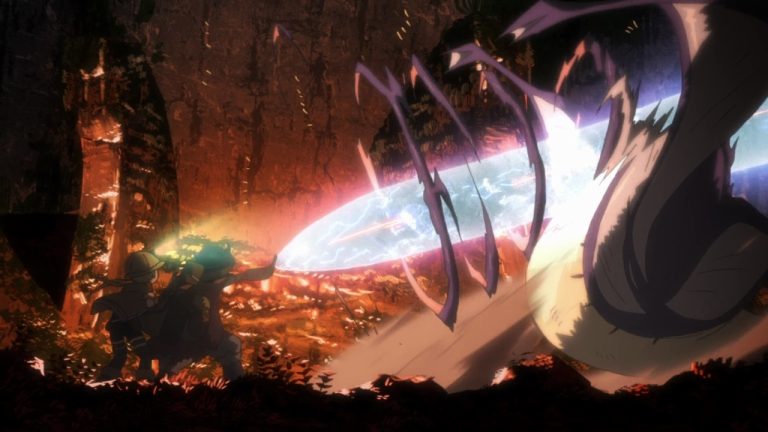 Riko dan Reg menembakkan sinar energi ke arah makhluk besar di gua bawah tanah, dalam adegan penuh ketegangan dari Made in Abyss