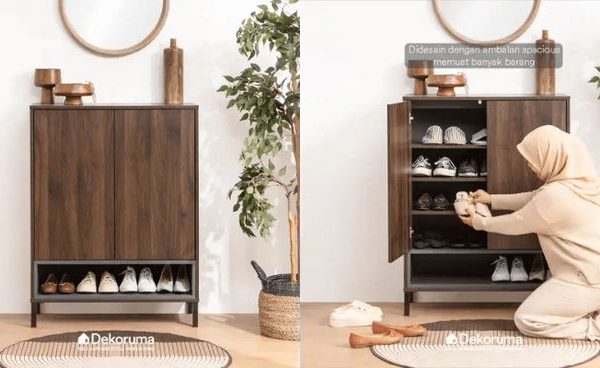 rak sepatu kayu sederhana dengan pintu tertutup dan desain minimalis untuk rumah rapi dan estetik