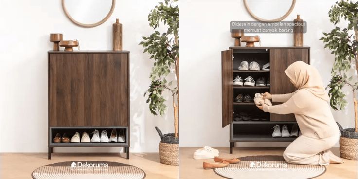 rak sepatu kayu sederhana dengan pintu tertutup dan desain minimalis untuk rumah rapi dan estetik