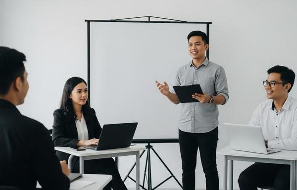 trainer menjelaskan materi kepada peserta dalam kelas training perusahaan