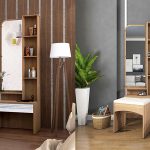 Meja rias minimalis kayu dengan cermin tinggi dan rak penyimpanan modern di kamar tidur aesthetic