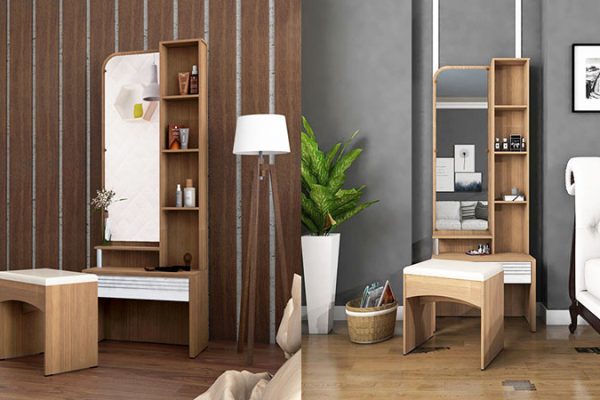 Meja rias minimalis kayu dengan cermin tinggi dan rak penyimpanan modern di kamar tidur aesthetic