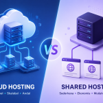 Cloud Hosting vs Shared Hosting dengan ilustrasi perbandingan infrastruktur server