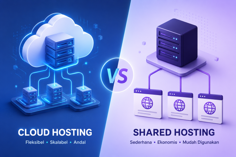 Cloud Hosting vs Shared Hosting dengan ilustrasi perbandingan infrastruktur server