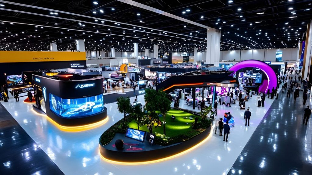 Booth pameran profesional dengan desain modern di ajang exhibition untuk menarik pengunjung