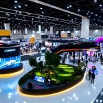 Booth pameran profesional dengan desain modern di ajang exhibition untuk menarik pengunjung