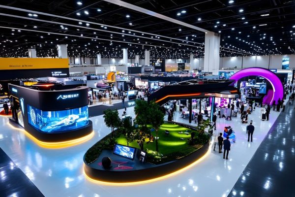 Booth pameran profesional dengan desain modern di ajang exhibition untuk menarik pengunjung