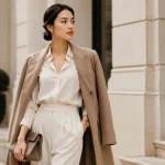 Seseorang mengenakan outfit quiet luxury dengan gaya simpel, elegan, dan warna netral