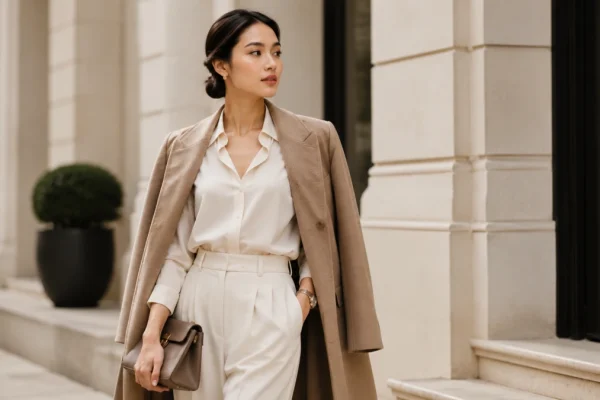 Seseorang mengenakan outfit quiet luxury dengan gaya simpel, elegan, dan warna netral
