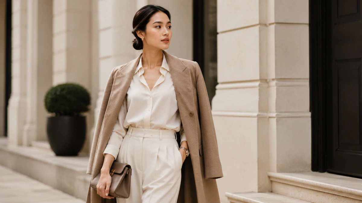 Seseorang mengenakan outfit quiet luxury dengan gaya simpel, elegan, dan warna netral