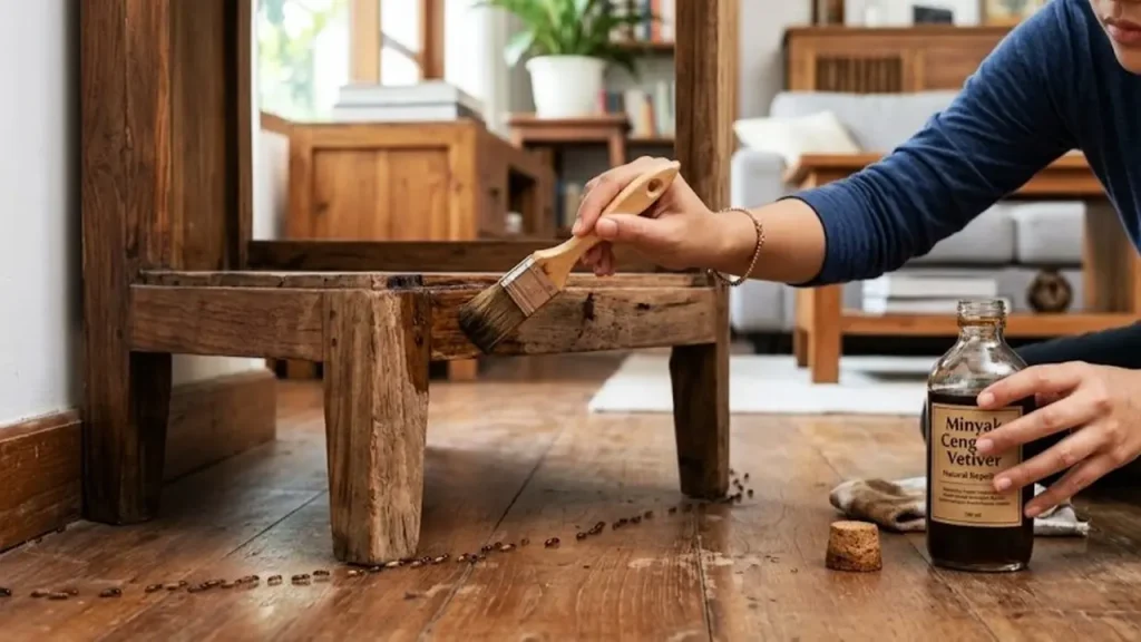 Rayap terlihat di permukaan meja kayu di dalam rumah