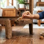 Rayap terlihat di permukaan meja kayu di dalam rumah
