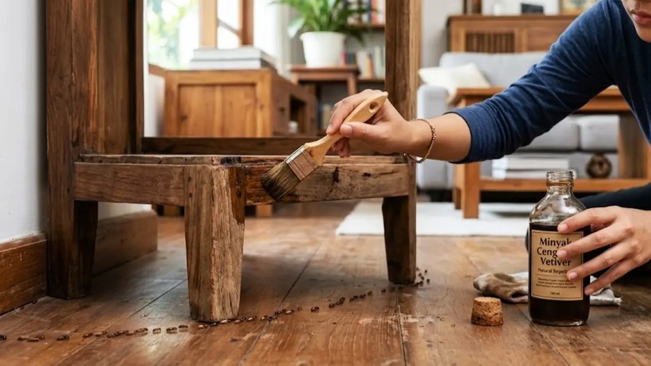 Rayap terlihat di permukaan meja kayu di dalam rumah
